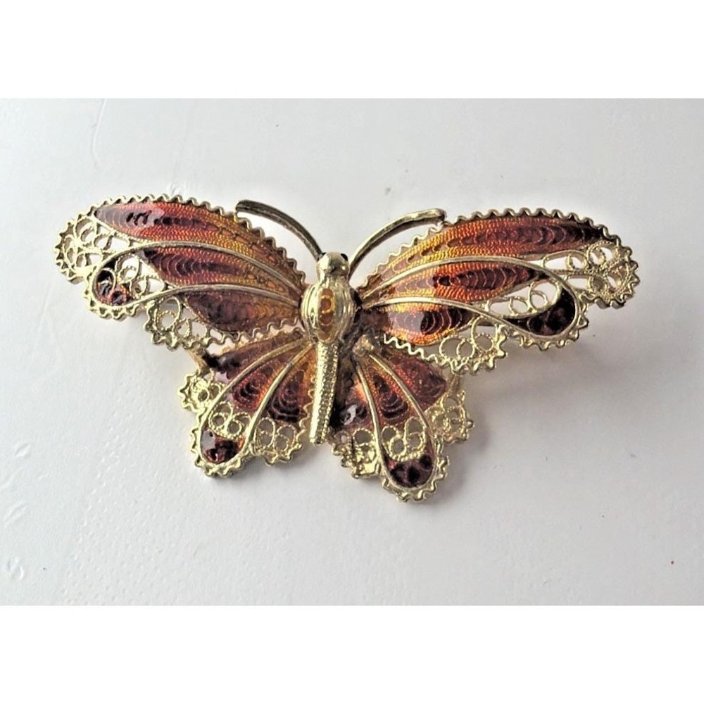 Vtg 14K Gold & Enamel Butterfly Brooch Filigree Estate Jewelry Mid Century 10G